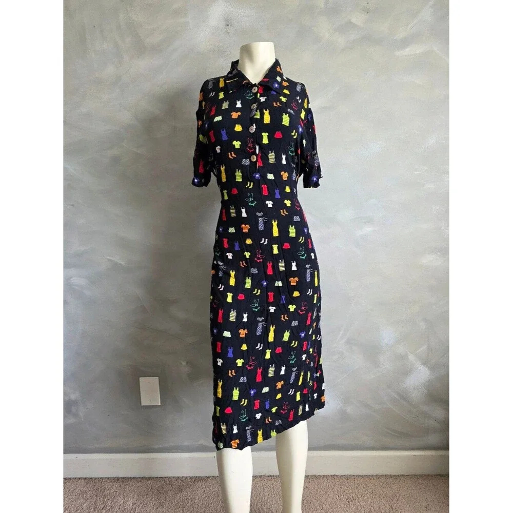 Vtg 90s David Dart Black Button Up Novelty Print Multicolor Dress Sz L Collar